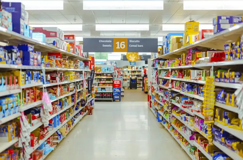 Grocery store aisle with packaged goods on shelves