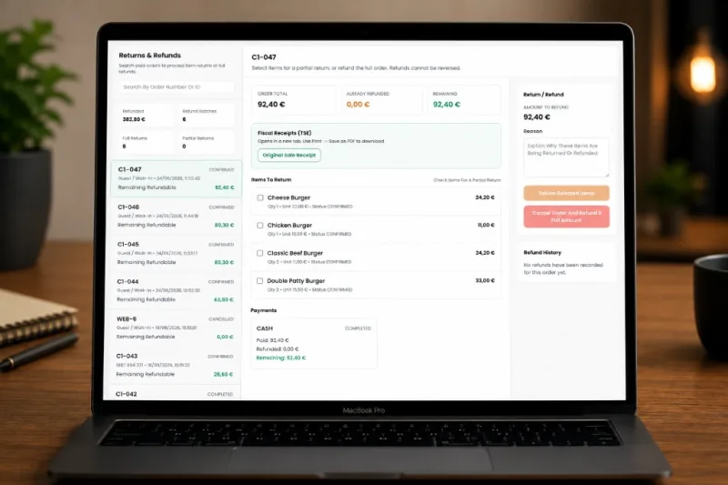 Billdish returns and refunds on MacBook — partial returns, refund totals, and order history