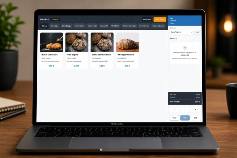 Billdish grocery POS on MacBook — bakery aisle products and barcode checkout