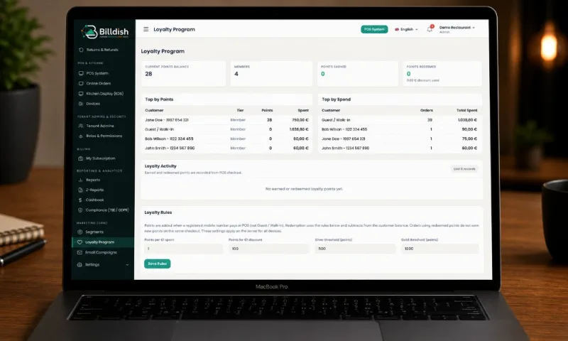 Billdish loyalty program on MacBook — points balance, member tiers, top customers, and earn/redeem rules