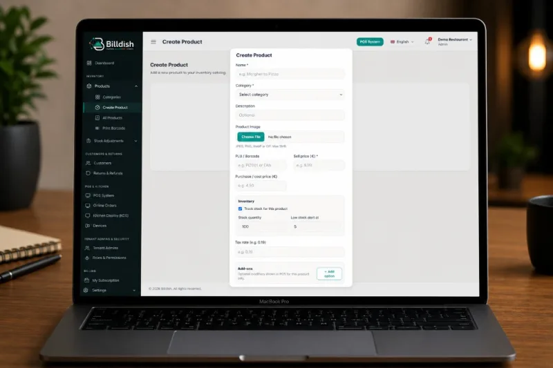 Billdish create product on MacBook — menu items, pricing, stock, and add-on options