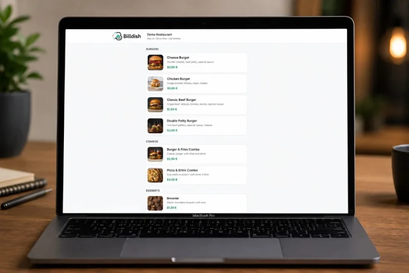 Billdish online ordering menu on MacBook — Demo Restaurant burgers, combos, and desserts