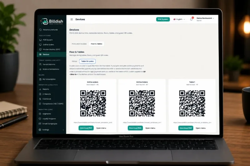 Billdish table QR codes on MacBook — download PNGs and open guest menus per table