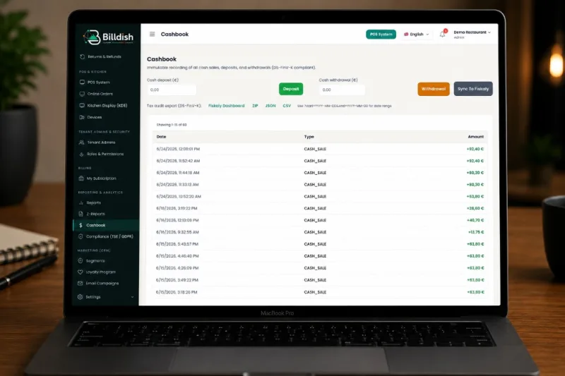 Billdish cashbook on MacBook — cash deposits, withdrawals, DS-FinV-K export, and immutable cash sale ledger