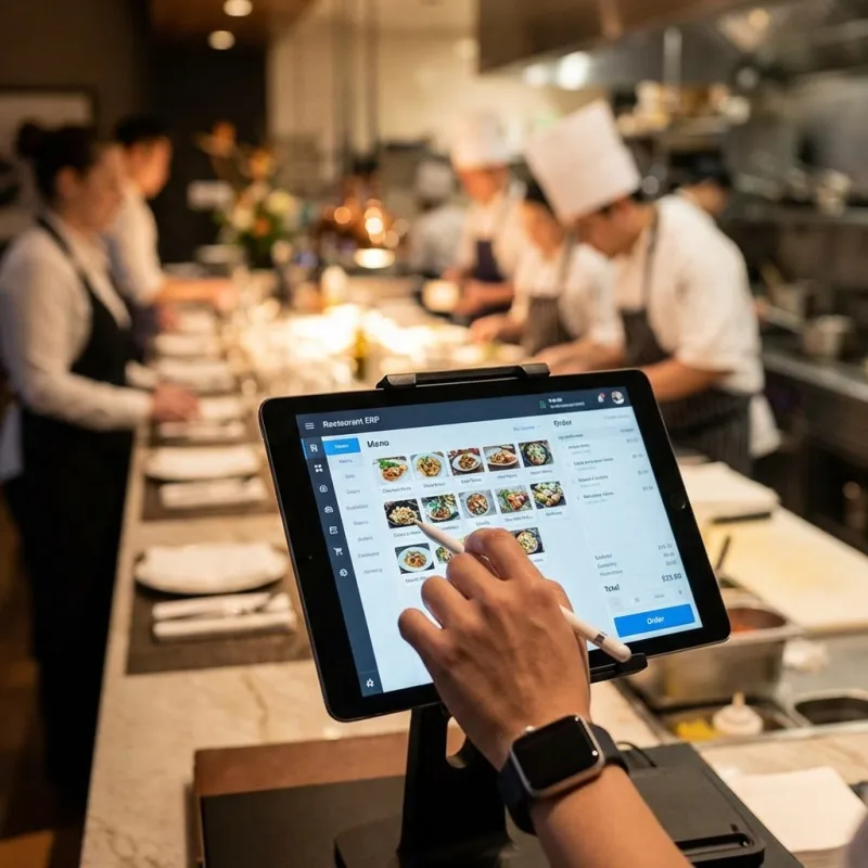 Staff using a tablet POS in a restaurant kitchen